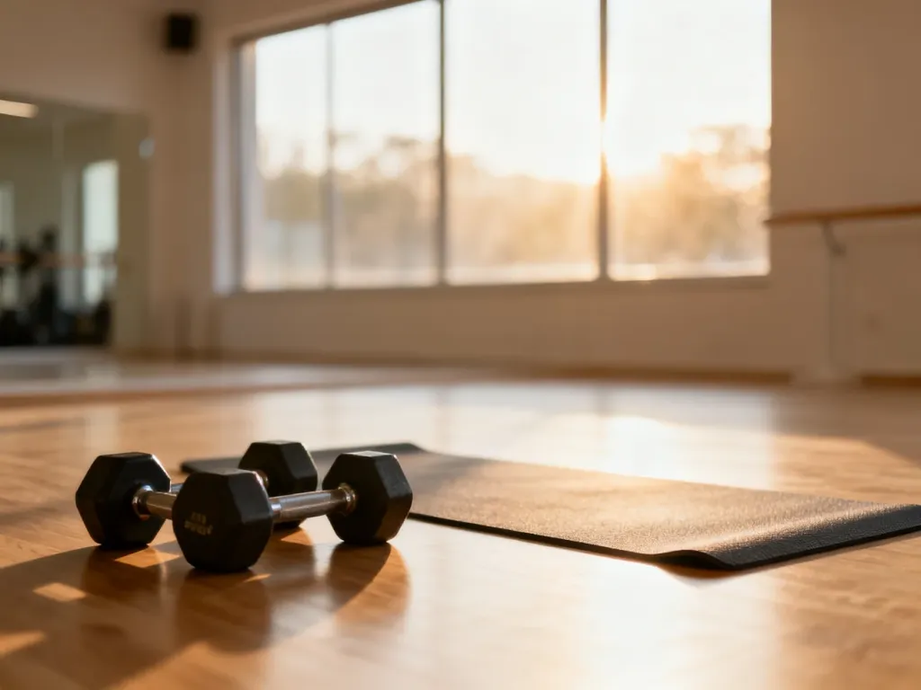 Nowoczesne studio fitness z hantlami i matą do jogi w świetle poranka, zachęcające do rozpoczęcia treningu tonującego.