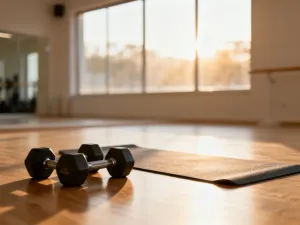 Żeliwny odważnik kettlebell na bieżni lekkoatletycznej o zachodzie słońca, symbolizujący wybór między siłą a bieganiem.