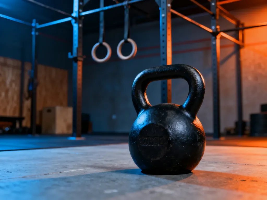 Czarny odważnik kettlebell na pierwszym planie oraz kółka gimnastyczne w tle, symbolizujące wybór między dwoma metodami treningu.