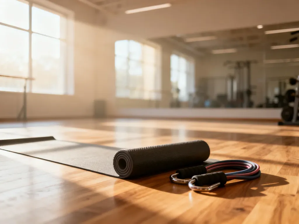Mata do jogi, roller i gumy oporowe przygotowane do ćwiczeń mobilności barków w jasnym, nowoczesnym studio fitness.