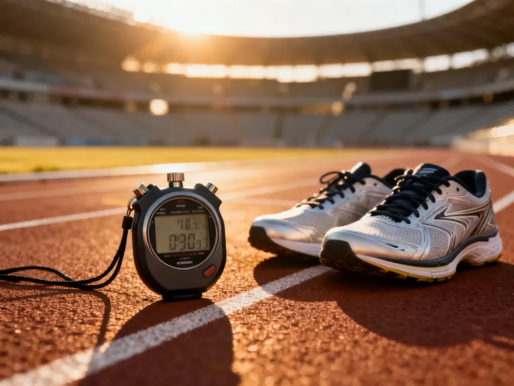 Profesjonalny stoper i buty sportowe na bieżni, symbolizujące przygotowania do testów sprawności fizycznej.
