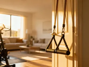 Zrolowana mata do ćwiczeń pilates na drewnianej podłodze w jasnym, minimalistycznym studiu wypełnionym światłem słonecznym.
