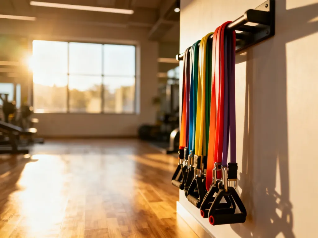 Kolorowe gumy oporowe zawieszone na ścianie w nowoczesnym studiu fitness, gotowe do treningu.