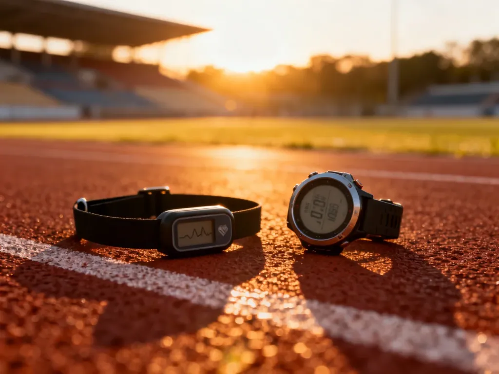 Profesjonalny zegarek sportowy i pulsometr na bieżni lekkoatletycznej o wschodzie słońca, symbolizujące trening biegowy.