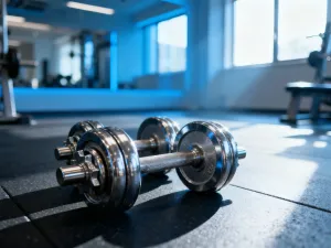 Rolka do ćwiczeń mięśni brzucha umieszczona na podłodze w nowoczesnej sali fitness.