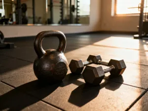 Zrolowana mata do ćwiczeń pilates na drewnianej podłodze w jasnym, minimalistycznym studiu wypełnionym światłem słonecznym.