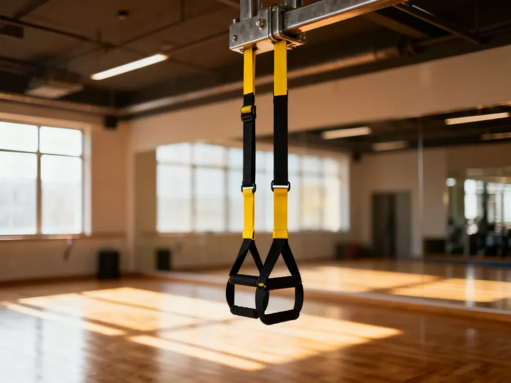 Czarne i żółte taśmy TRX zawieszone na metalowym uchwycie w profesjonalnym studiu fitness.
