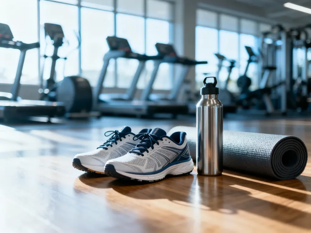 Profesjonalny sprzęt sportowy, buty do biegania i mata na podłodze w jasnej, nowoczesnej siłowni.