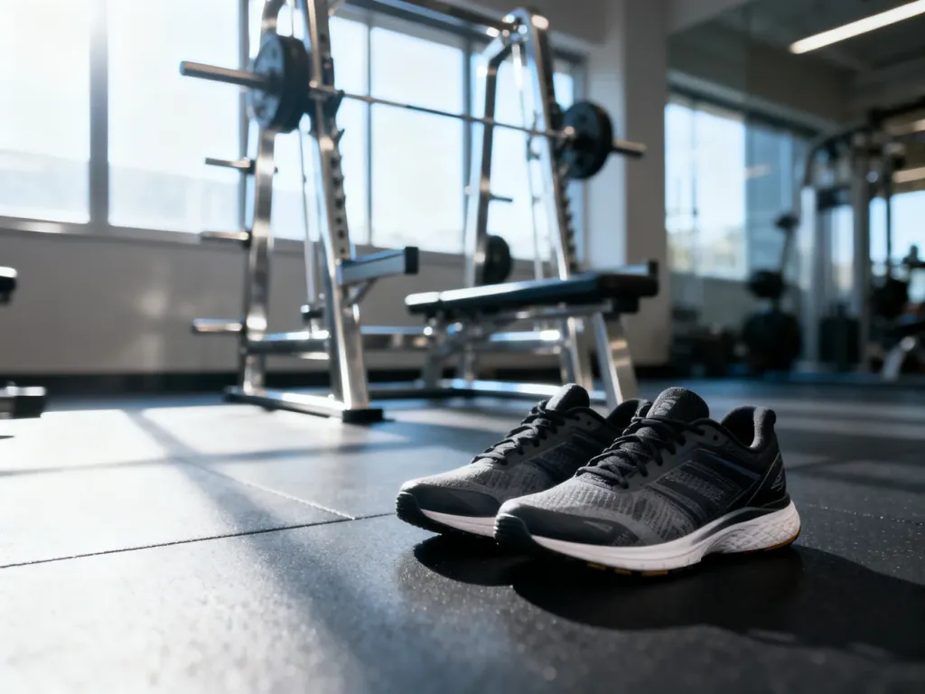 Profesjonalne buty sportowe na siłowni, gotowe do treningu przysiadów przy stojaku w tle.
