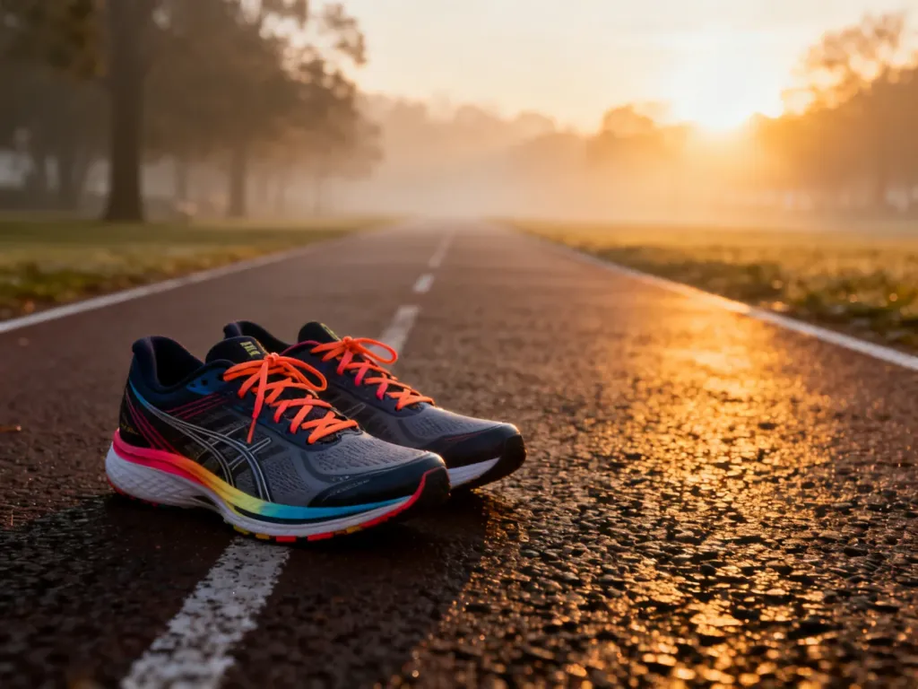 Profesjonalne buty do biegania na asfaltowej bieżni o wschodzie słońca, symbolizujące przygotowania do maratonu.