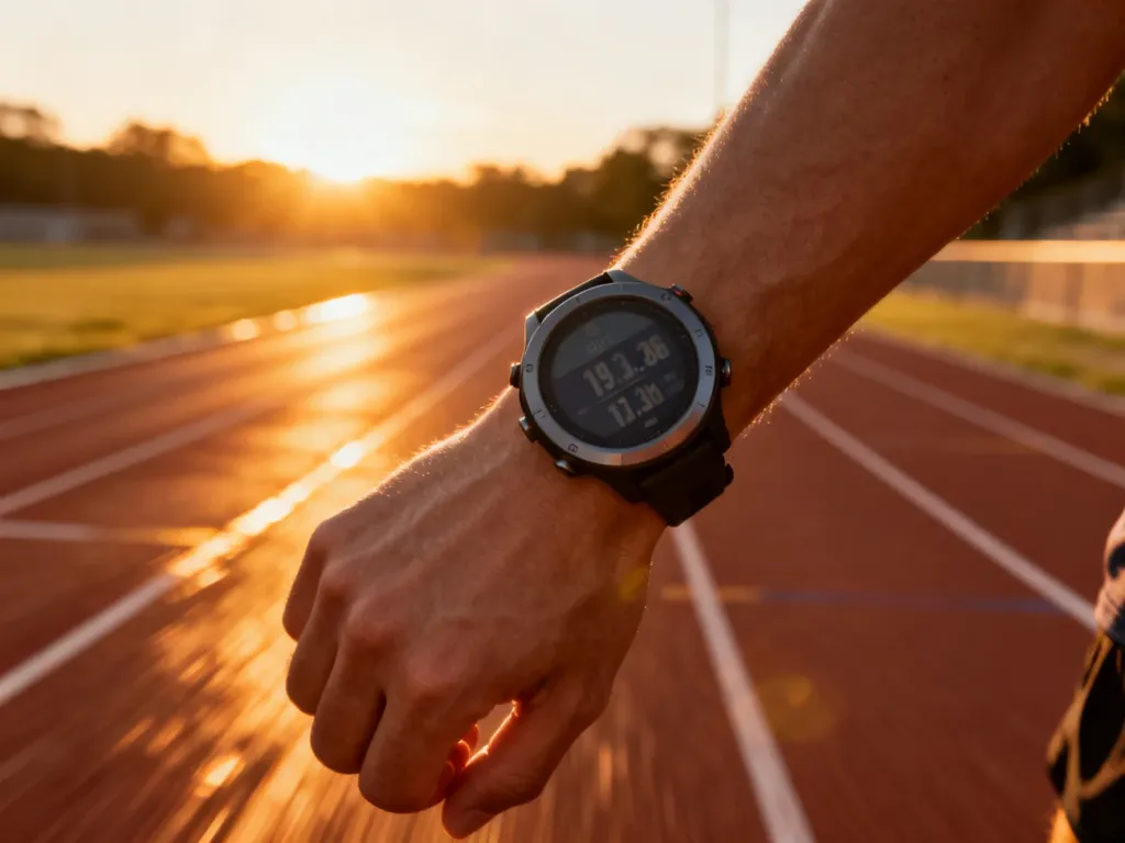 Zegarek sportowy na nadgarstku biegacza wyświetlający tempo podczas treningu na bieżni o wschodzie słońca.