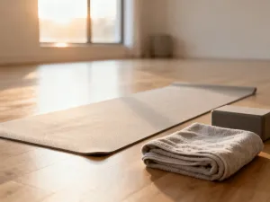 Profesjonalna mata do jogi, wałki do masażu i taśma oporowa przygotowane do ćwiczeń rozciągających w słonecznym studio.