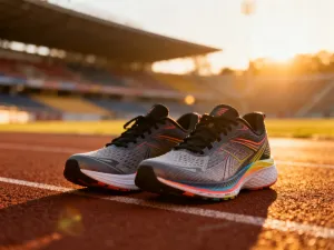 Profesjonalne buty do biegania na bieżni lekkoatletycznej w blasku zachodzącego słońca, gotowe do treningu na 10 km.