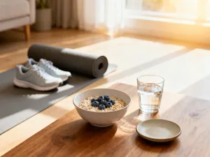 Profesjonalne buty sportowe na podłodze w nowoczesnej sali fitness, gotowe do rozpoczęcia treningu krokodylków.