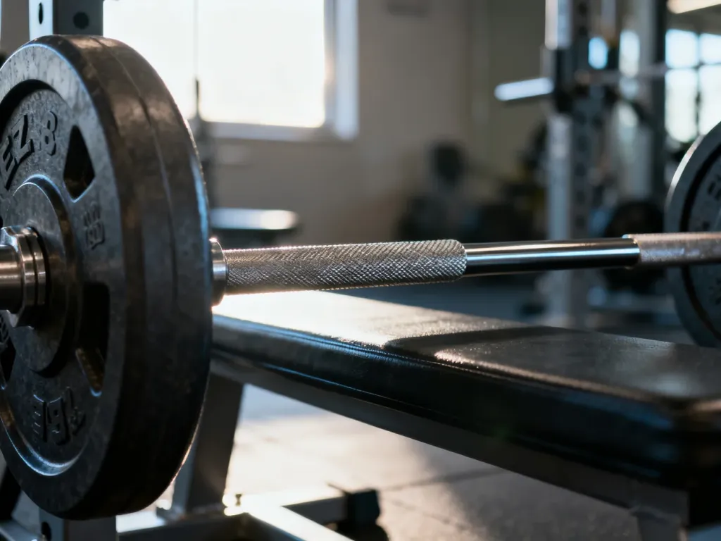 Sztanga prosta i gryf łamany na ławce treningowej, gotowe do ćwiczeń na triceps w profesjonalnej siłowni.