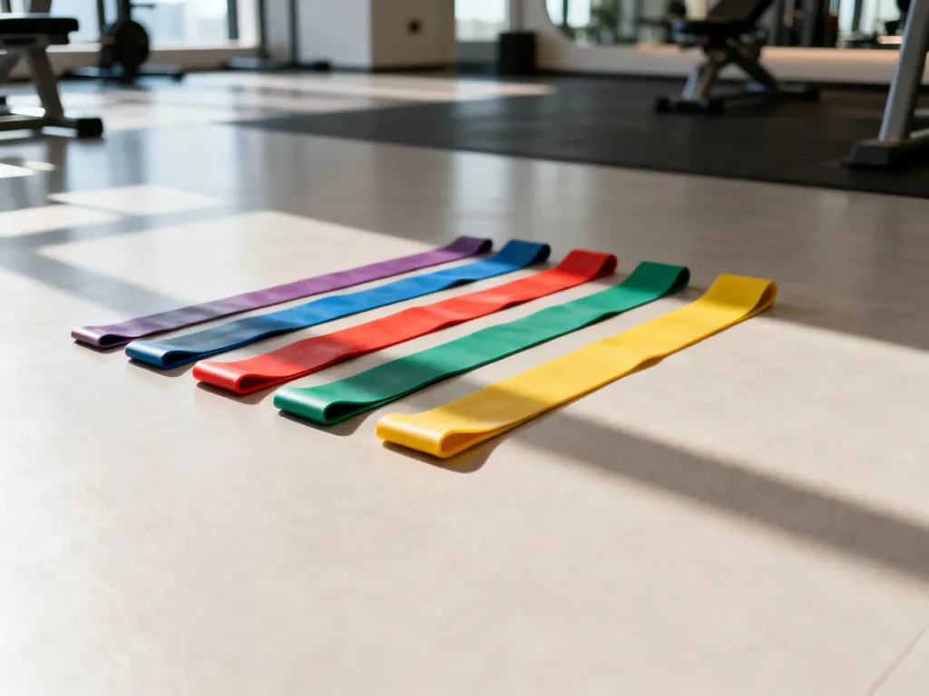 Kolorowe gumy oporowe ułożone w uporządkowany sposób na podłodze w nowoczesnej sali fitness.