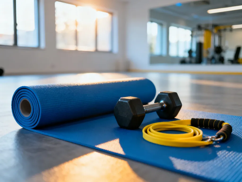 Mata do jogi, hantle i taśma oporowa w nowoczesnym studiu fitness, zachęcające do rozpoczęcia treningu brzucha.