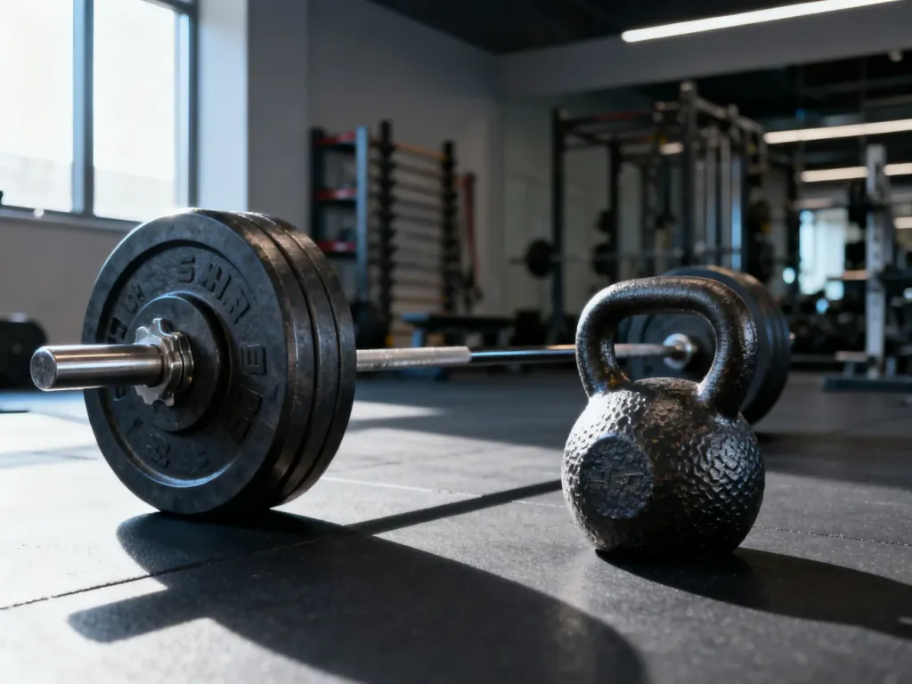 Sztanga i kettlebell leżące obok siebie na podłodze w profesjonalnej siłowni, gotowe do treningu siłowego.