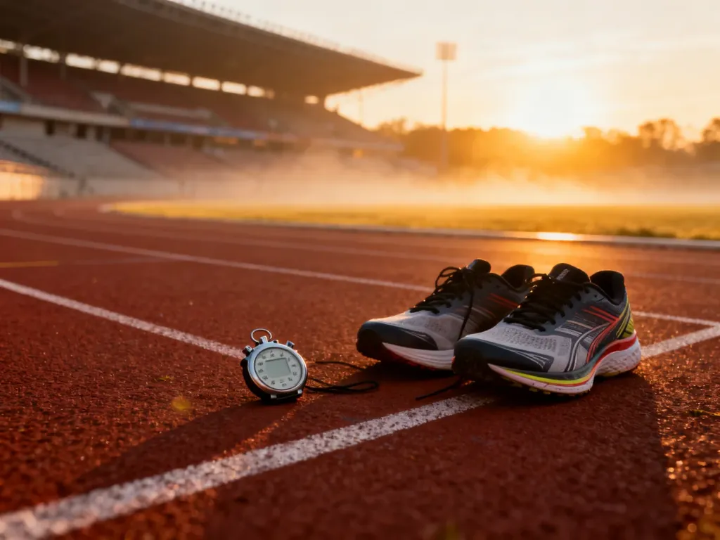 Profesjonalne buty biegowe i stoper na bieżni lekkoatletycznej o wschodzie słońca, symbolizujące przygotowanie do treningu.
