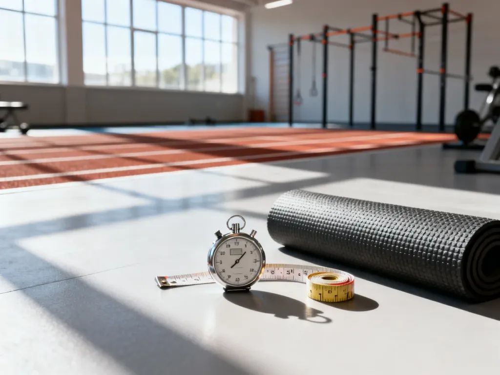 Profesjonalny sprzęt do testów sprawnościowych, w tym stoper i miarka, przygotowany na hali sportowej do pomiarów fizycznych.