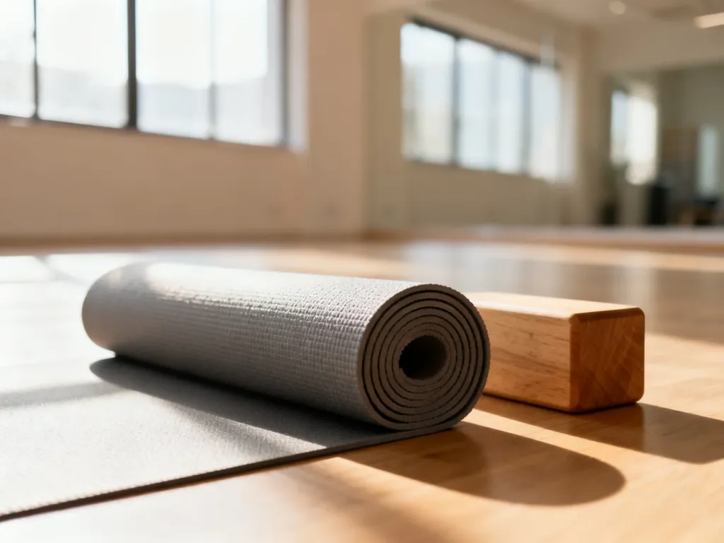 Profesjonalne studio fitness z matą do jogi i drewnianym klockiem do ćwiczeń w słonecznym, minimalistycznym wnętrzu.