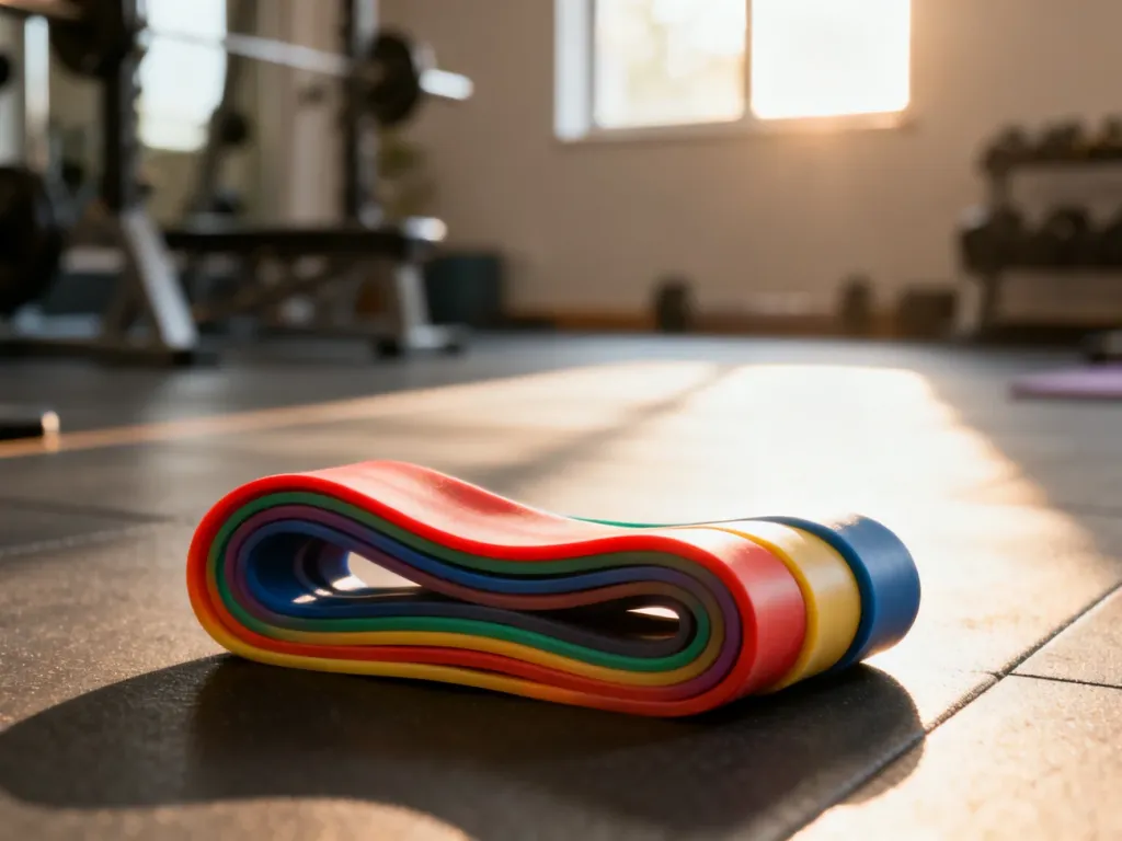Kolorowe gumy oporowe zwinięte na podłodze w nowoczesnej sali fitness, gotowe do treningu.