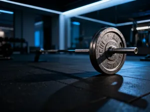 Profesjonalne buty biegowe i stoper na bieżni lekkoatletycznej o wschodzie słońca, symbolizujące przygotowanie do treningu.