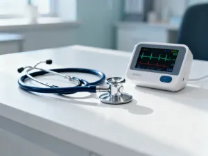 Zegarek sportowy z wykresem VO2max na ekranie, leżący na bieżni w nowoczesnej siłowni w świetle porannego słońca.