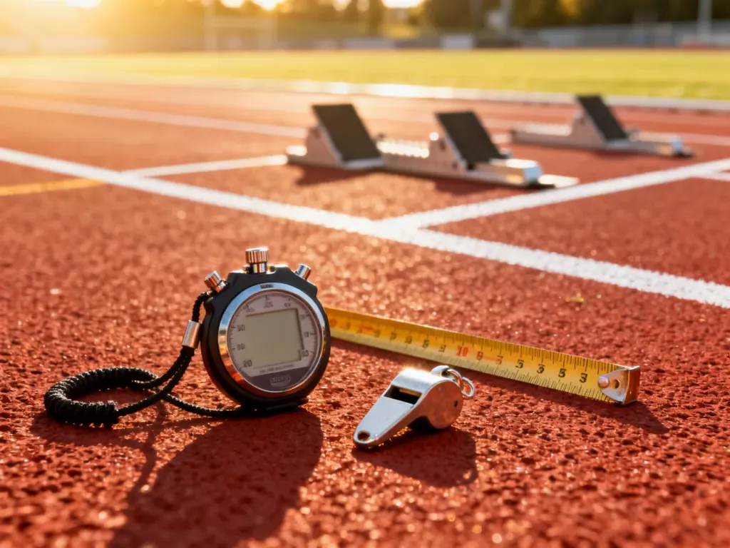 Stoper, gwizdek i miarka na bieżni lekkoatletycznej, gotowe do przeprowadzenia testu sprawności fizycznej.