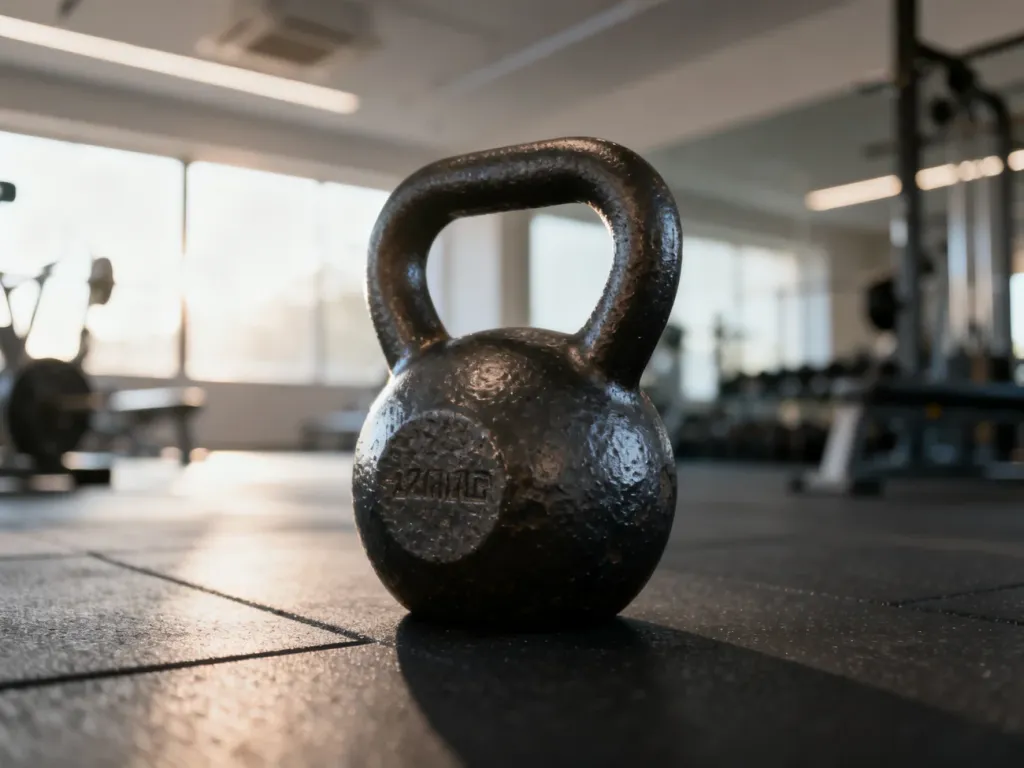 Profesjonalny żeliwny kettlebell spoczywający na podłodze w nowoczesnej siłowni.