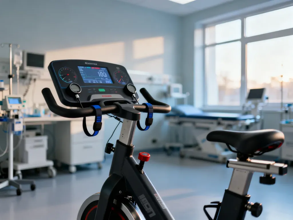 Nowoczesny rower stacjonarny z czujnikami tętna w profesjonalnym laboratorium sportowym przygotowany do testu wydolności.