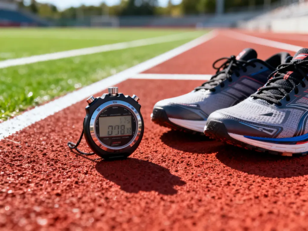 Profesjonalne buty do biegania i stoper na bieżni lekkoatletycznej, przygotowujące do testu Coopera.