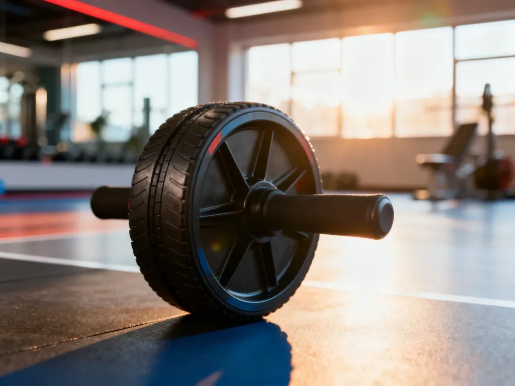 Profesjonalne kółko do ćwiczeń mięśni brzucha leżące na podłodze w nowoczesnej sali fitness.