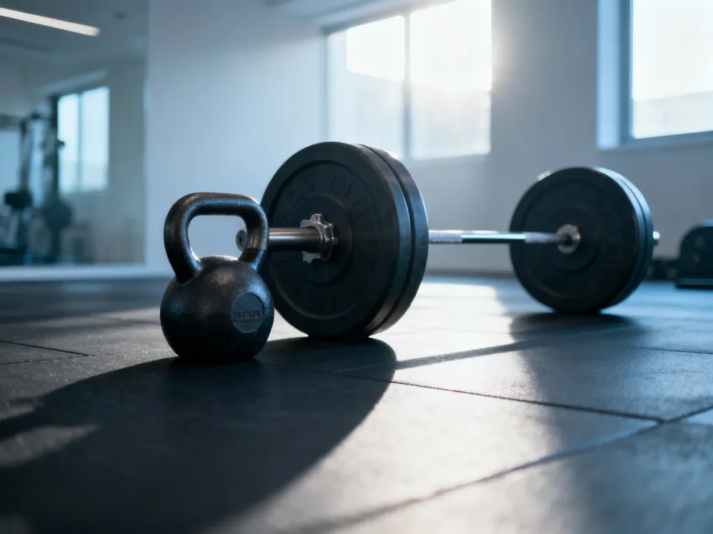 Kettlebell oraz sztanga z obciążeniem leżące obok siebie na podłodze siłowni, gotowe do treningu przysiadów.