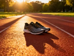 Profesjonalne buty do biegania i zegarek sportowy na bieżni lekkoatletycznej w promieniach porannego słońca.