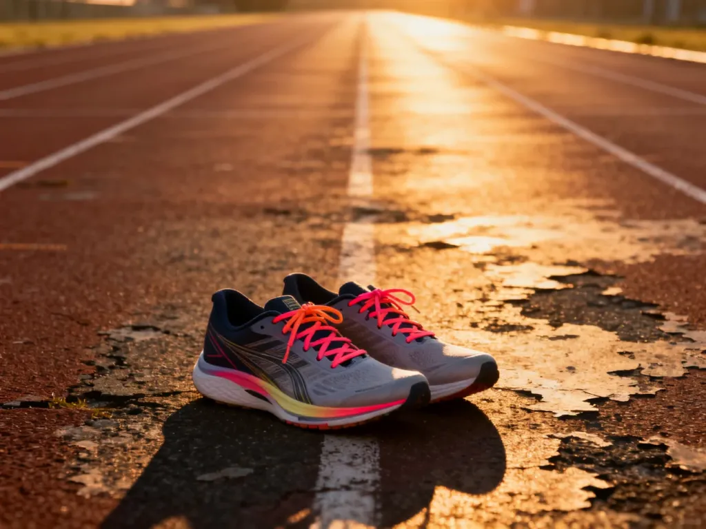 Profesjonalne buty do biegania na bieżni lekkoatletycznej w blasku zachodzącego słońca, gotowe do treningu na 10 km.