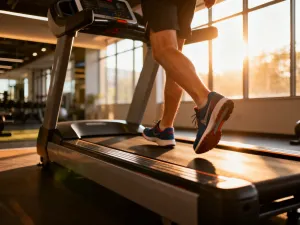 Sprzęt do testu sprawności fizycznej: stoper, miarka i mata rozłożone na podłodze nowoczesnej hali sportowej.