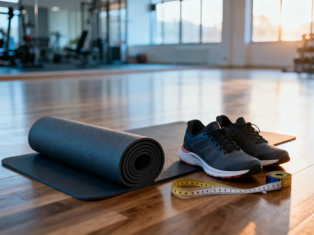 Mata do jogi, obuwie sportowe i miarka przygotowane do wykonania testu sprawnościowego w jasnym studio fitness.