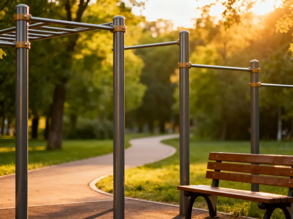Pusty park do kalisteniki w otoczeniu zieleni o zachodzie słońca, zachęcający do treningu na świeżym powietrzu.