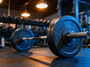 Sztanga i kettlebell leżące obok siebie na podłodze w profesjonalnej siłowni, gotowe do treningu siłowego.
