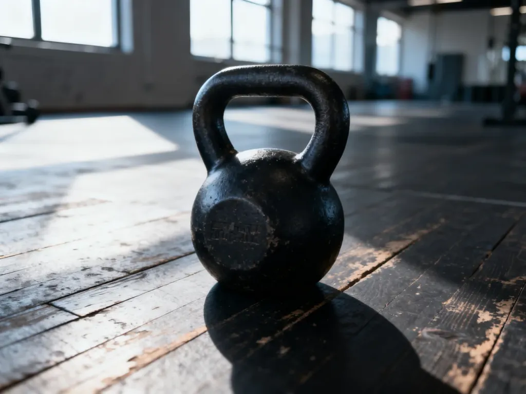 Czarny żeliwny kettlebell spoczywający na drewnianej podłodze w minimalistycznym studio fitness.