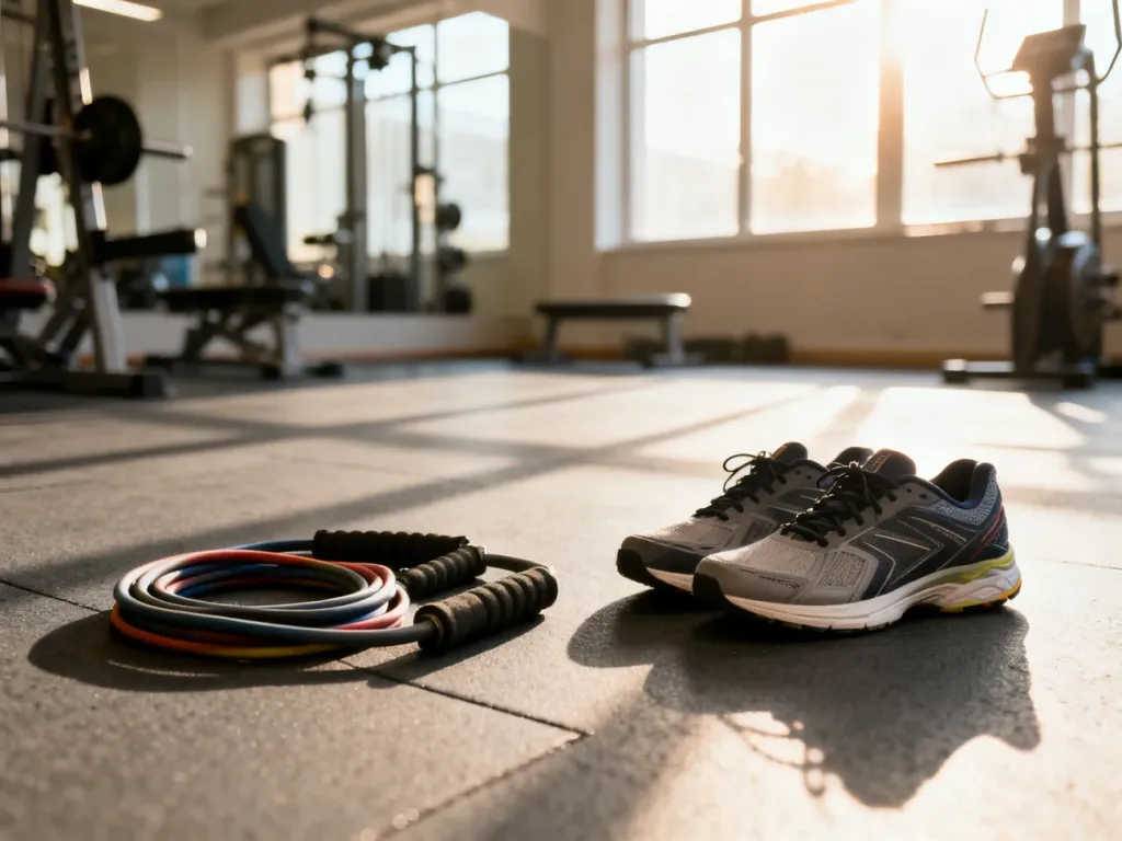 Profesjonalne gumy oporowe i buty sportowe na podłodze nowoczesnej siłowni, gotowe do treningu pośladków.