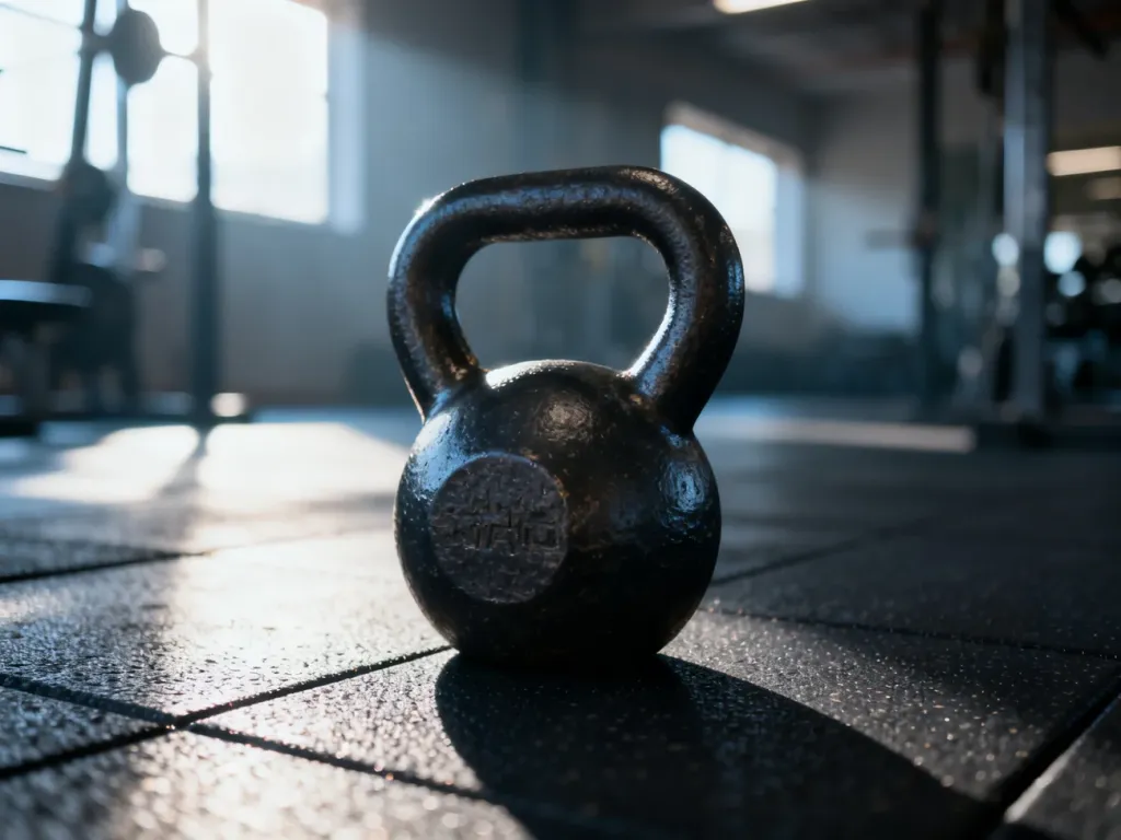 Żeliwny odważnik kettlebell ustawiony na gumowej podłodze w profesjonalnym studiu fitness.