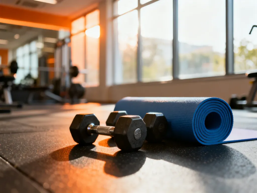 Nowoczesne wnętrze profesjonalnego studia fitness z hantlami i matą do jogi, zachęcające do rozpoczęcia treningów.