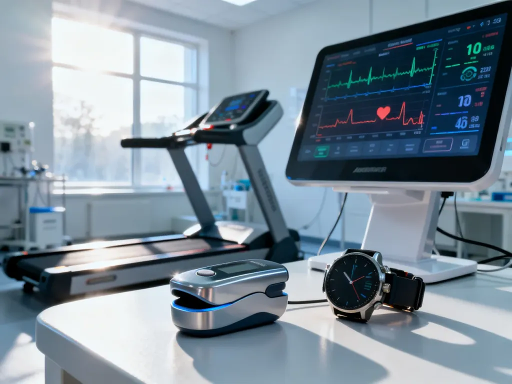 Profesjonalny sprzęt laboratoryjny do pomiaru wydolności fizycznej i monitorowania parametrów tętna podczas testu VO2max.