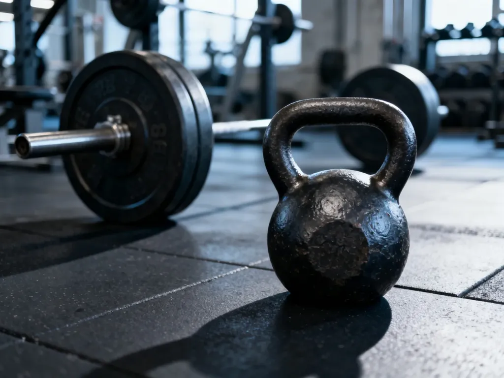 Ciężki żeliwny kettlebell na gumowej podłodze siłowni, z rozmytą sztangą olimpijską w tle.