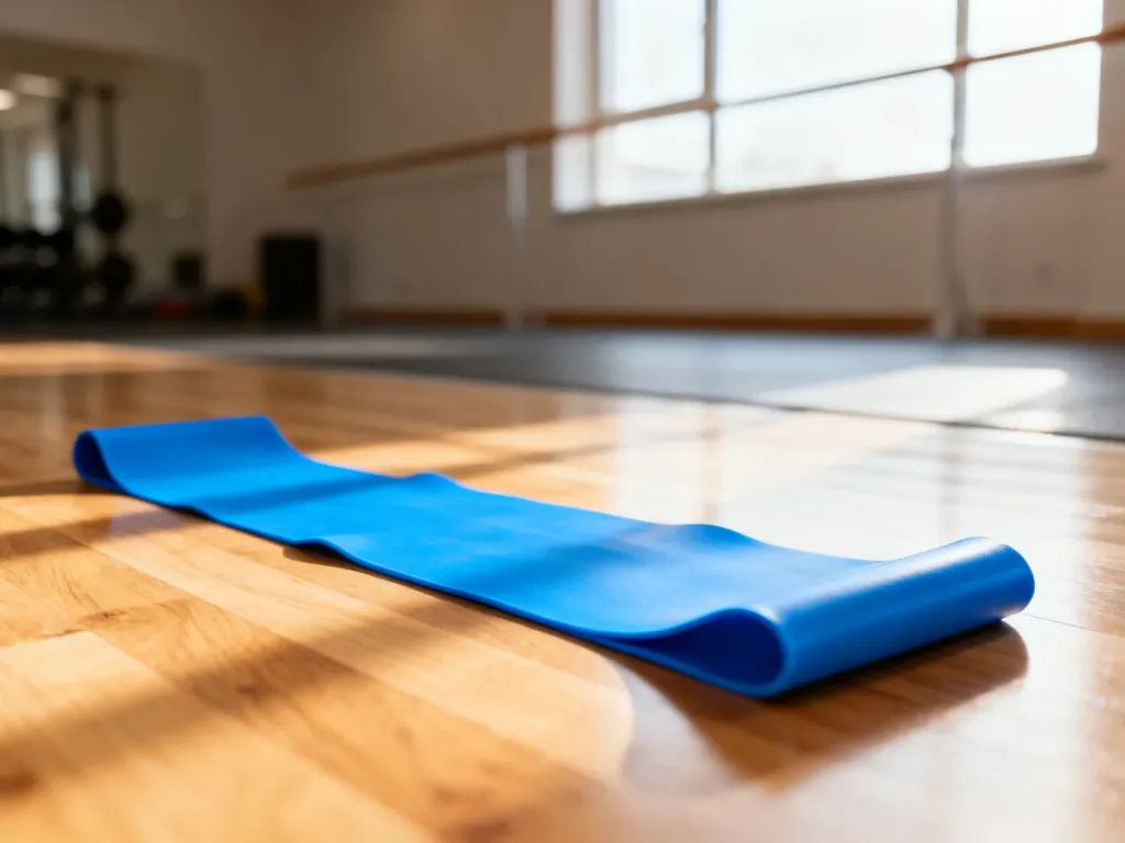 Niebieska guma oporowa leżąca na drewnianej podłodze w słonecznym studiu fitness, gotowa do treningu.