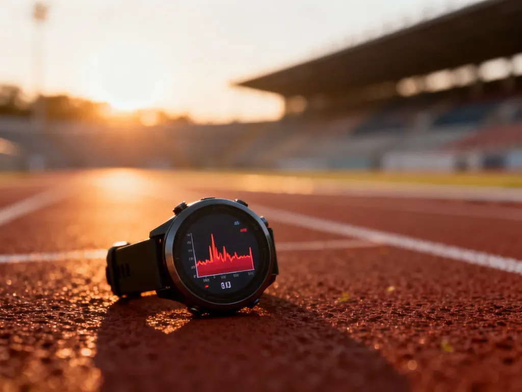 Zegarek sportowy z widocznym wykresem tętna na tle bieżni lekkoatletycznej o wschodzie słońca.