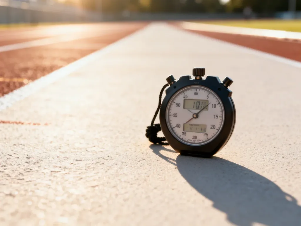 Profesjonalny stoper sportowy na bieżni, symbolizujący pomiar postępów i motywację do poprawy kondycji fizycznej.