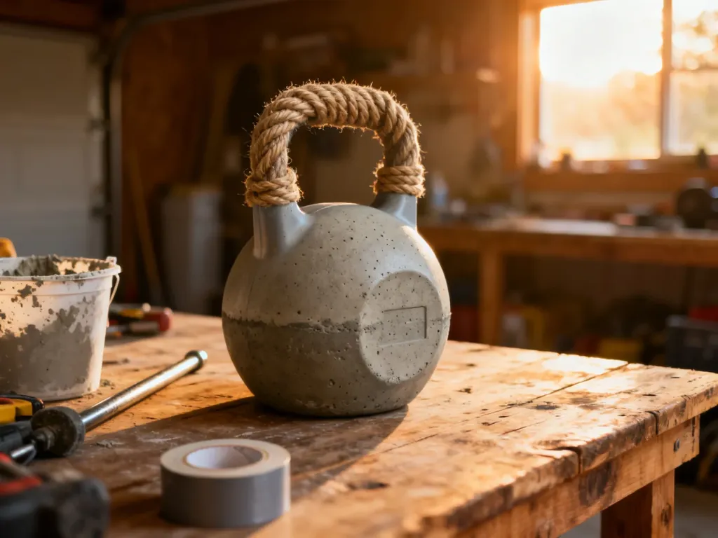 Własnoręcznie wykonany kettlebell z plastikowego baniaka wypełnionego betonem, stojący na drewnianym stole warsztatowym.